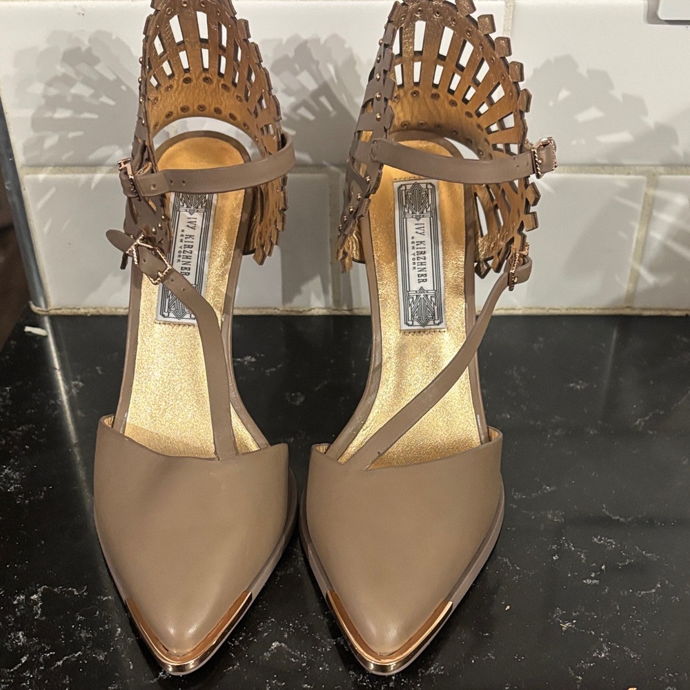 Ivy Kirzhner Taupe Heels with Gold Accents